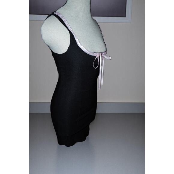 Y2K Coquette Black Bodycon Mini Dress with Pink Satin Ribbon Trim – Windsor Smal - Picture 5 of 12